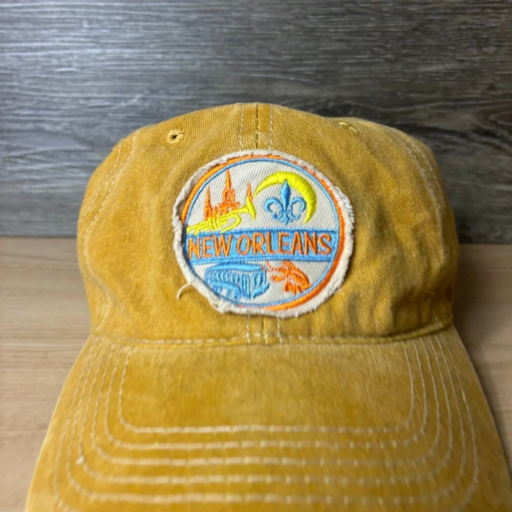 New Orleans Hat Cap Strap Back Yellow Distressed Patch Adjustable